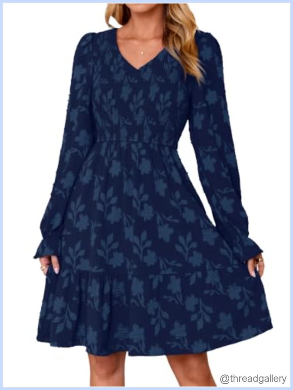 Women's Long Sleeve V Neck Smocked Floral Textured Mini Dress with Pockets